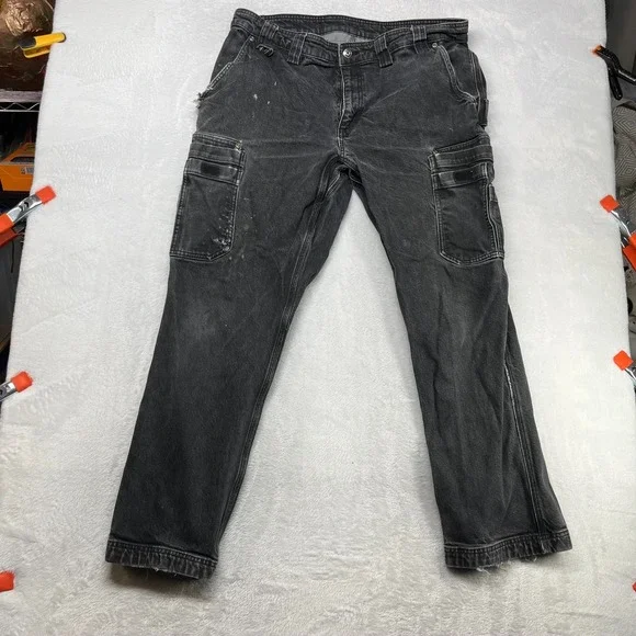 VTG Duluth Trading Co. Work Pants Mens Black Denim Stretch Cargo Pockets - 38X32