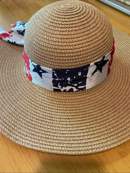 Wide-Brim Straw Sun Hat with Red, White & Blue Star Band