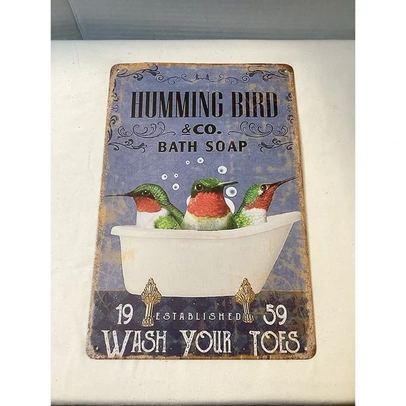 Metal Hummingbird Bath Soap Sign Farmhouse Cottage Core Decor Country Critters