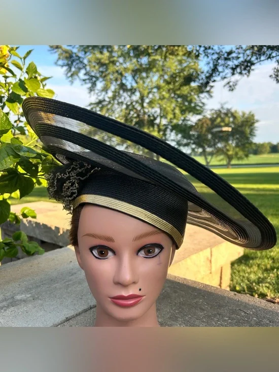 Black Straw‎ Wide Brim Hat Mesh Ruffles gold trim and gold band