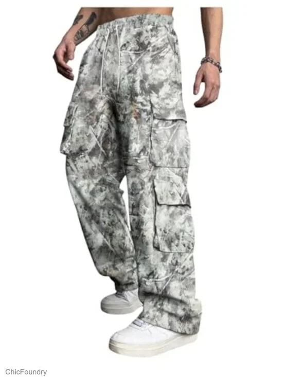 Camo Baggy Cargo Pants Elastic Waist Drawstring Wide Leg Streetwear