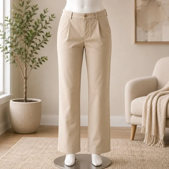 George Pleated Chino Pants Mens 40x30 Barley Tan Cuffed Straight Leg Trousers