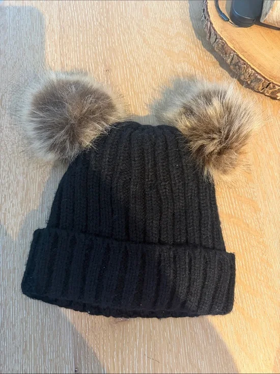 Kids Black Knit Beanie with Faux Fur Pom Poms