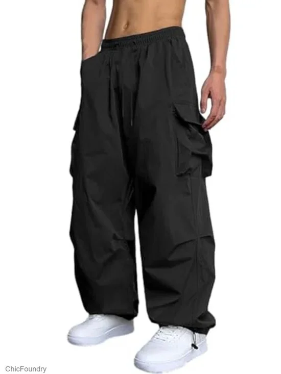 Men's Casual Cargo Pants Elastic Waist Drawstring Trousers with Pockets