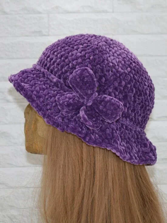 HAND CRAFTED Hat Crochet Bucket Floppy Chenille Boho Wide Brim Bow Purple