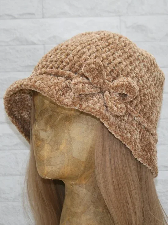 HAND CRAFTED Hat Crochet Bucket Chenille Floppy Winter Wide Brim Tan Marled