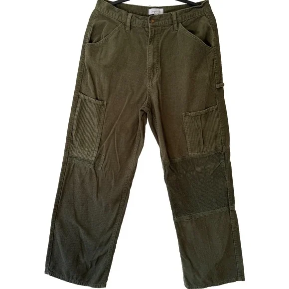Angel Kiss Corduroy Cargo Pants 13/31 Green Wide Leg Utility Workwear Vibe
