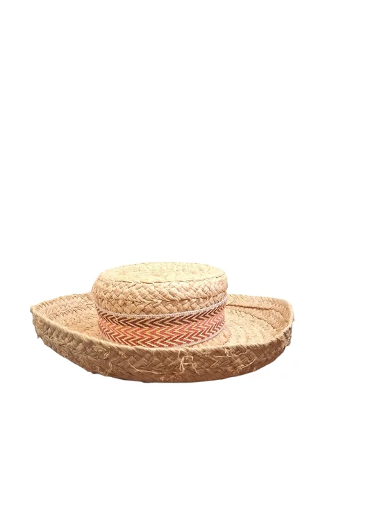 Kate Lord Women's Tan Straw Wide Brim Sun Hat W/ Chevron Band  M/L