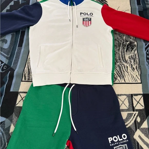 Polo Ralph Lauren Double Knit White/Red/Blue/Green ColorBlock Hoodie & Joggers
