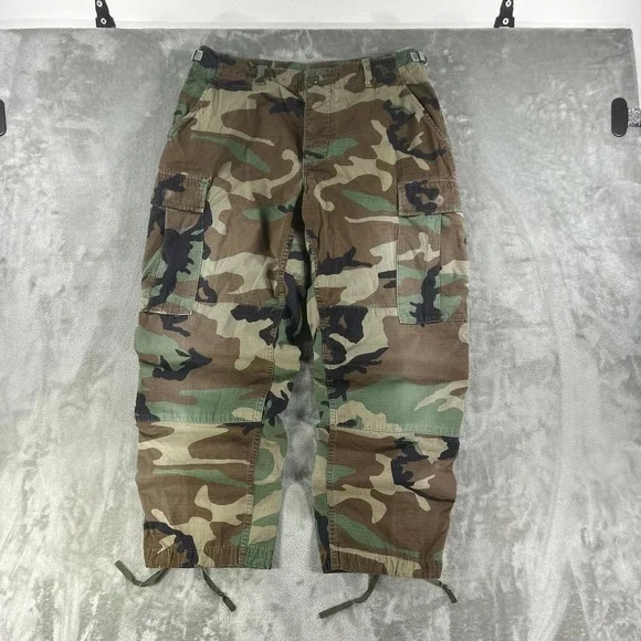 Camo Cargo Pants Mens 33x27 Green Ripstop Adjustable BDU Military Drawstring