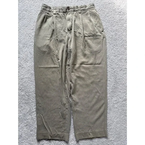 Tommy Bahama Size 35 Olive‎ Straight Pleated Pants Men 100% Silk Chino Relax