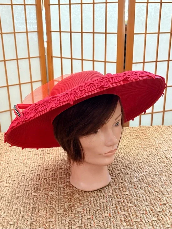 Wide-Brim Decorative Red Women's Hat with Braided Trim & Tulle Flower
