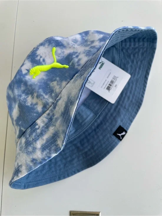 PUMA Women Blue Tie-Dye Bucket Hat with Neon Logo OS NWT