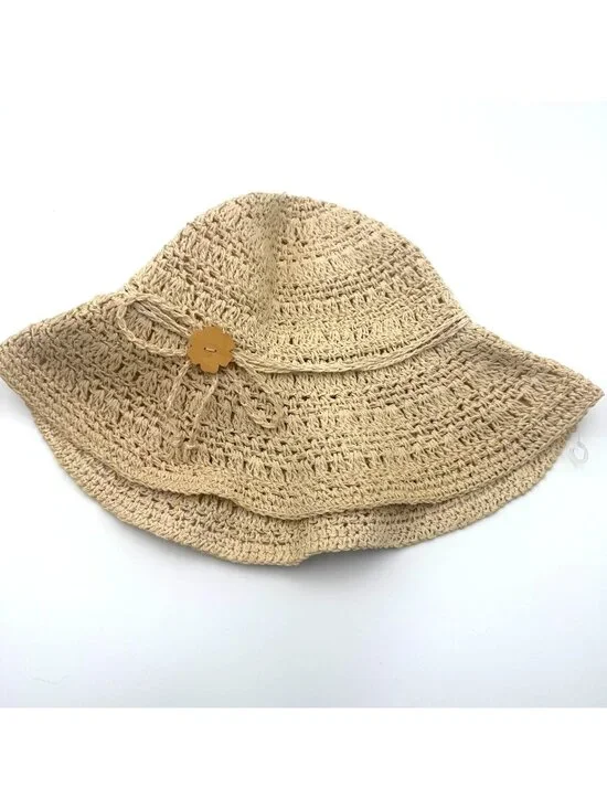 Womens Beige Crochet Straw Sun Hat Wide Brim Beach Boho Summer Floppy Hat