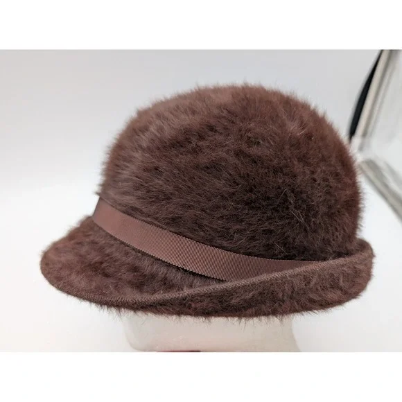 Vintage Kangol Design Brown Fuzzy Faux Fur Cloche Hat Made in England Grosgrain