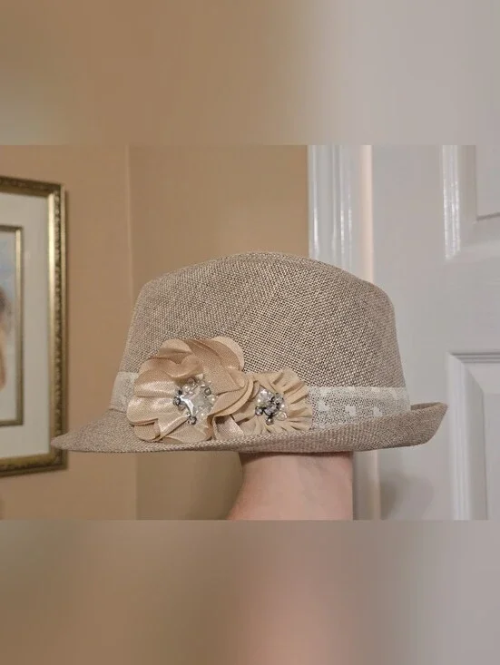 Beige Floral Accent Straw Fedora Hat - Women Accessories