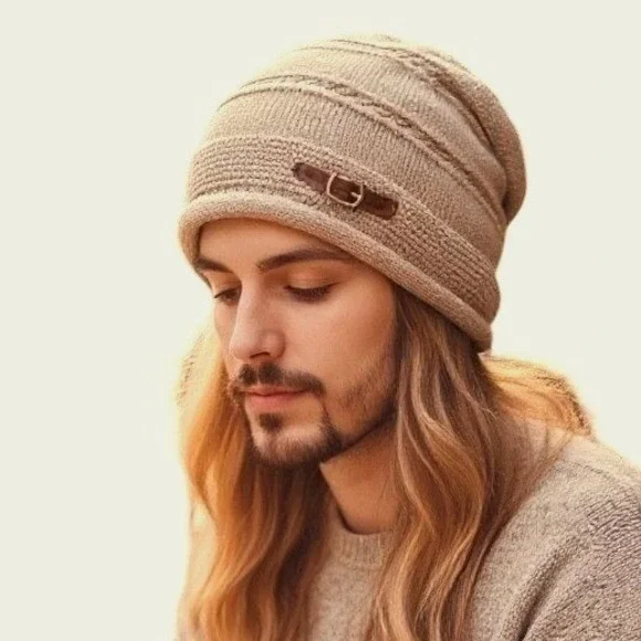 Slouchy Stretchy Winter Cozy Khaki Buckle Beanie Knit Hat OS Thick Soft Lined