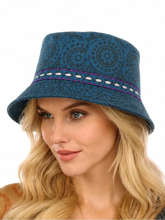 Natural Teal Patterned 100% Cotton Bucket Hat with Embroidered Band Size Large