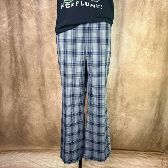 Vintage 70s Plaid Pants Blue Gray Slacks Relaxed Retro Academia Disco Teacher
