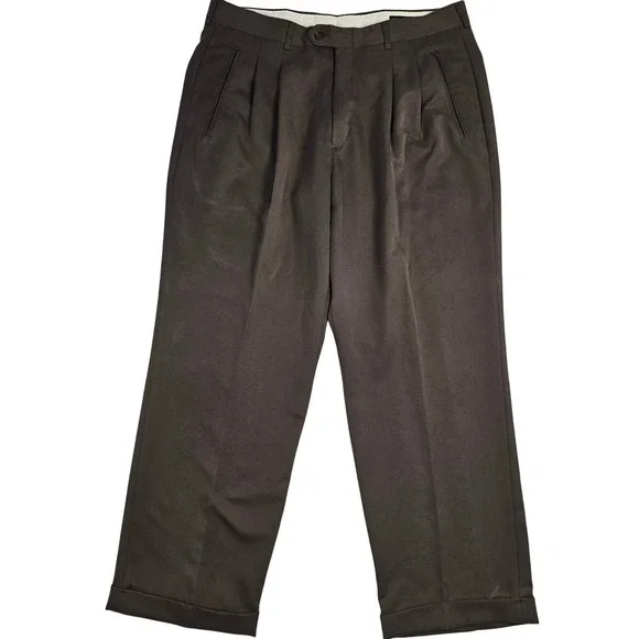 Haggar Black Label Mens 36x29 Brown Double Pleated Cuffed Dress Pants Trousers