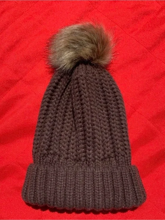 Urban Outfitters Dark Brown Knit Beanie with Faux Fur Pom