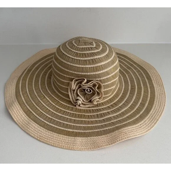Sun Hat Beach Floppy Hat Foldable Wide Brim Large Beige 3D flower khaki summer
