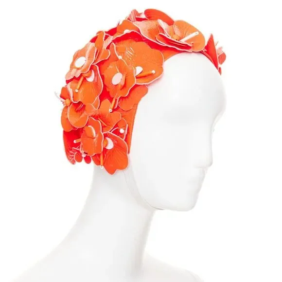 Miu Miu orange patent leather petals beaded swim cap hat