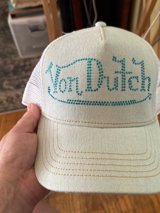 Von Dutch Cream Hat with Turquoise Rhinestone Logo