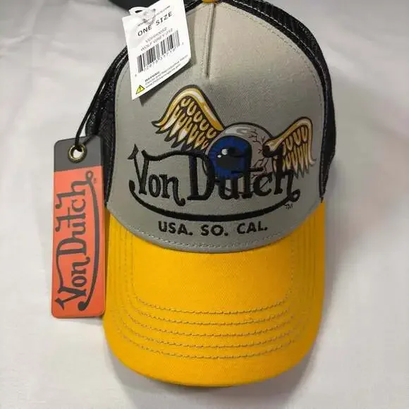Von Dutch Eye Logo Trucker Hat Cap Yellow Grey