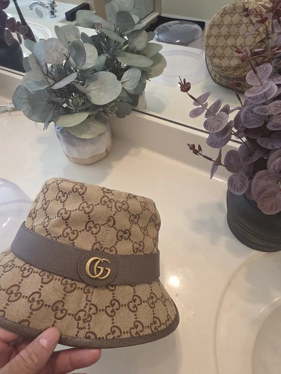 Gucci Beige Brown Monogram Canvas Bucket Hat with Gold Double G