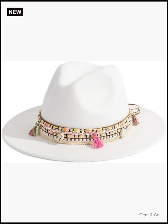 Wide Brim Felt Fedora Hat with Tassel Adjustable Belt