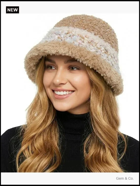 Fluffy Knit Bucket Hat Fisherman Cap Warm Cloche for Big Head