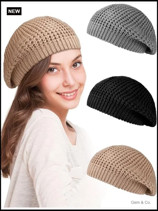 3 Pack Soft Slouchy Crochet Beret Hats for Women