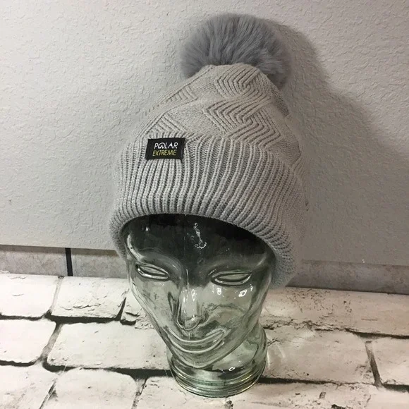 Polar Extreme Hat Unisex One Size Beanie Gray PomPom‎ Faux Fur Lined Ski Cap