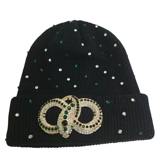 Aldo Snake Embellished Rhinestone Beanie Black Green Clear One Size