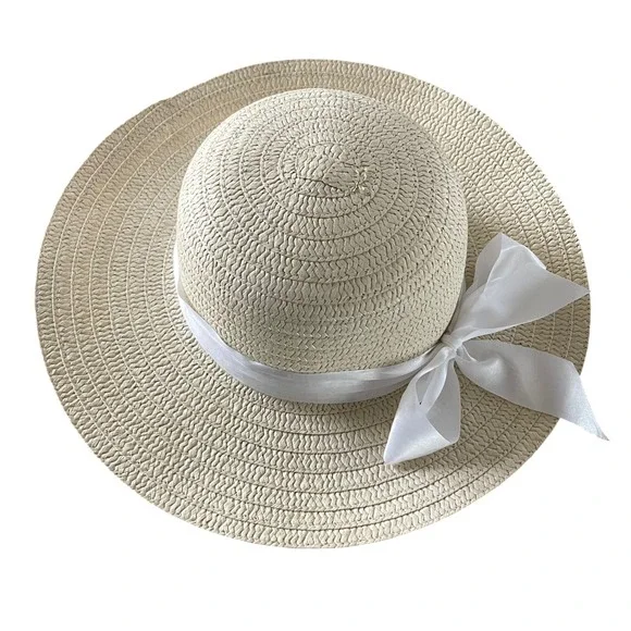 Womens Straw Sun Hat Wide Brim Bow Accent Beach Vacation UPF Protection
