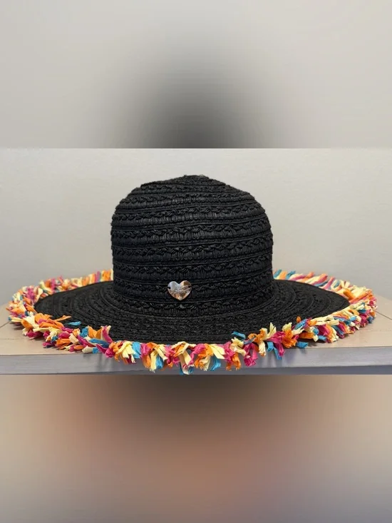 Wide Brim Rainbow Fringe Beach Floppy Betsey Johnson Black Straw Sun Hat OS
