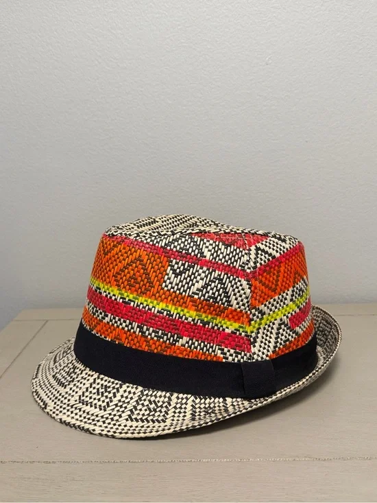 Steve Madden Woven Straw Fedora Hat Geometric Aztec Pattern Multicolor OSFM