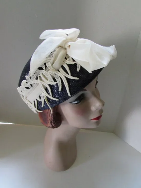 Vintage Hat Navy Blue Weave White Organdy Bow White Trim