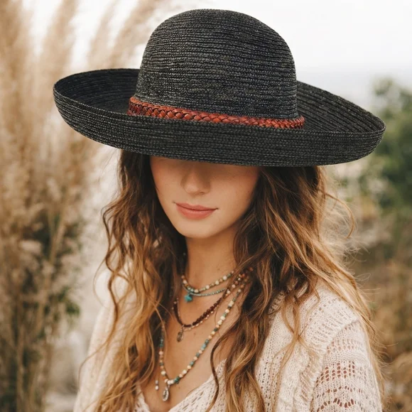Black Rattan braided‎ leather  band hat