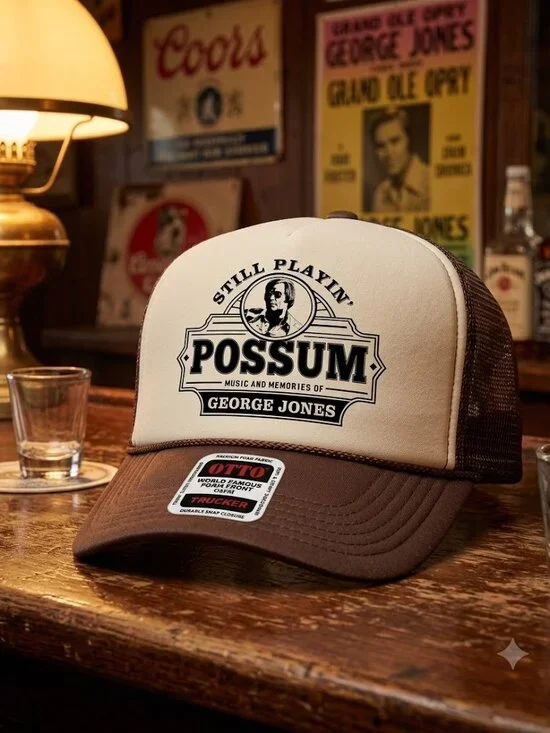 Retro George Jones Still Playin Possum Country Foam Trucker Hat Brown New NASCAR