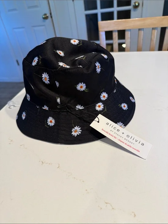 Alice + Olivia Black Bucket Hat with White Daisy Print