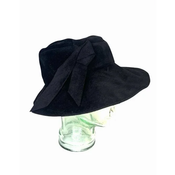 Patricia Underwood Black Wool‎ Felt Hat Ribbon Bow Knot  Floppy Cloche Bucket