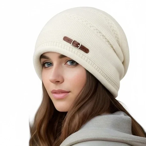 Slouchy Stretchy Winter Cozy Cream‎ Buckle Beanie Knit Hat OS Thick Soft Lined