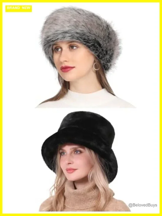 Faux Fur Bucket Hats and Headband for Cold Weather
