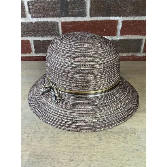 Scala Collezione Sun Hat‎ Womens One Size Brown Downslopping Brim Metallic Bands