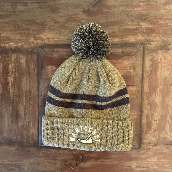 Nantucket Island logo olive‎ green winter pom pom beanie hat unisex men women OS