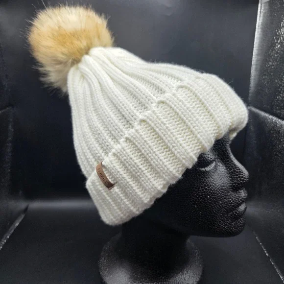 FURTALK Women Cream White Cable Knit Beanie Faux Fur Pom Pom Winter Hat