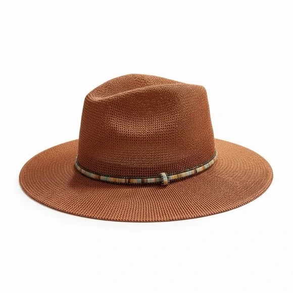 Anthropologie Cali Dream Rust Boho Wide Brim‎ Fedora Hat Beaded Band One Size