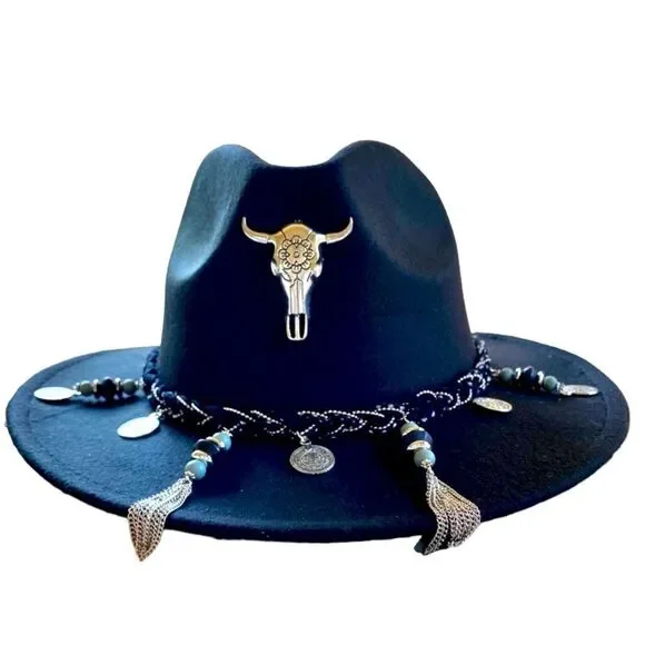 Black Siver Cow Skull Metal Tassels Western Cowboy Hat NEW